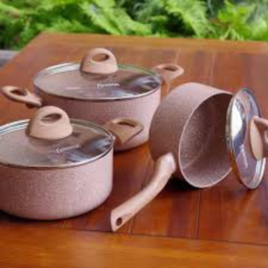 Latte Series Aluminum Non-Stick 6-Piece Cookware Set with Glass Lid and Induction Bottom in Beige Color - Image 3