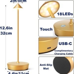 Cordless Table Lamp Set of 2 Gold for Bar and Dining