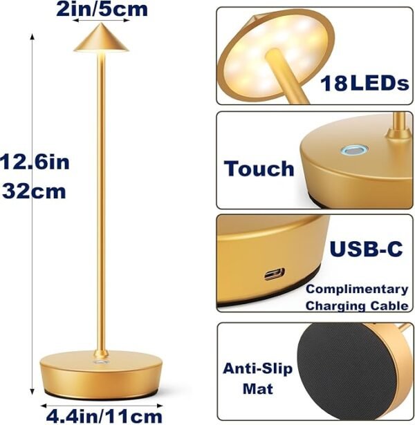 Cordless Table Lamp Set of 2 Gold for Bar and Dining