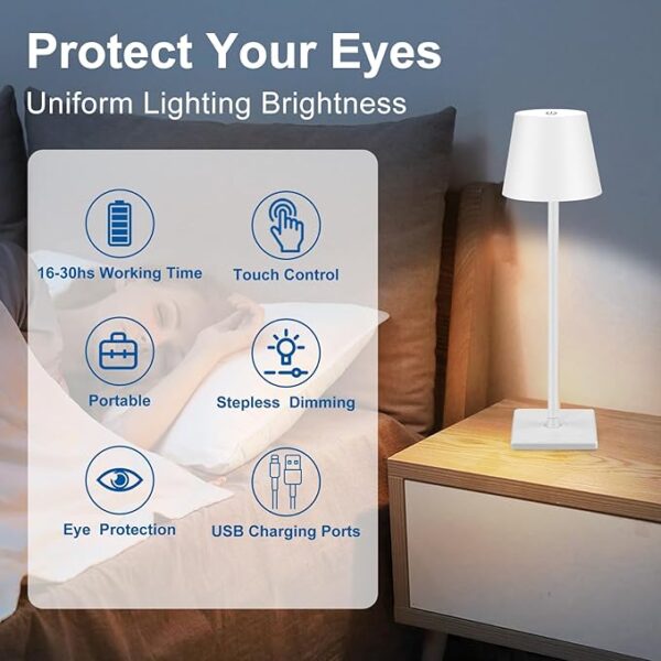 Cordless Table Lamp Black Set of 2 Pack White 5200mAH Square Base