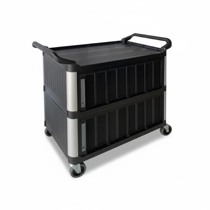 LARGE SERVICE TROLLEY 3 SIDE CLOSE WITH DOORBLACK 85 x 50 x 95CM BLACK