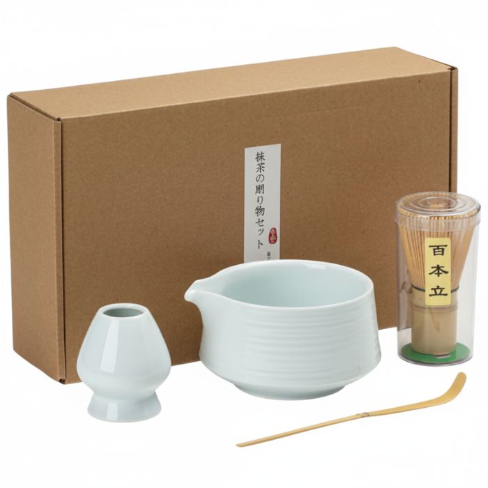 10-Pcs Matcha Kit Set Whisk and Bowl with Spout & Measuring Spoon (White/Green Shade)