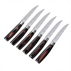 Damascus Steak Knife with Wooden Handle Laser Pattern Forged set of 6