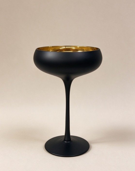 Elevate your cocktail presentation with the **230ml Black and Gold Coupe Cocktail Glass**. Featuring a sophisticated matte black exterior, luxurious gold interior and elegant long stem, this coupe glass adds a distinctive touch to cocktail parties, restaurants, bars and special occasions. Its 230ml capacity and contemporary design make it a stylish addition to luxury glassware collections, modern home bars and elegant table settings.